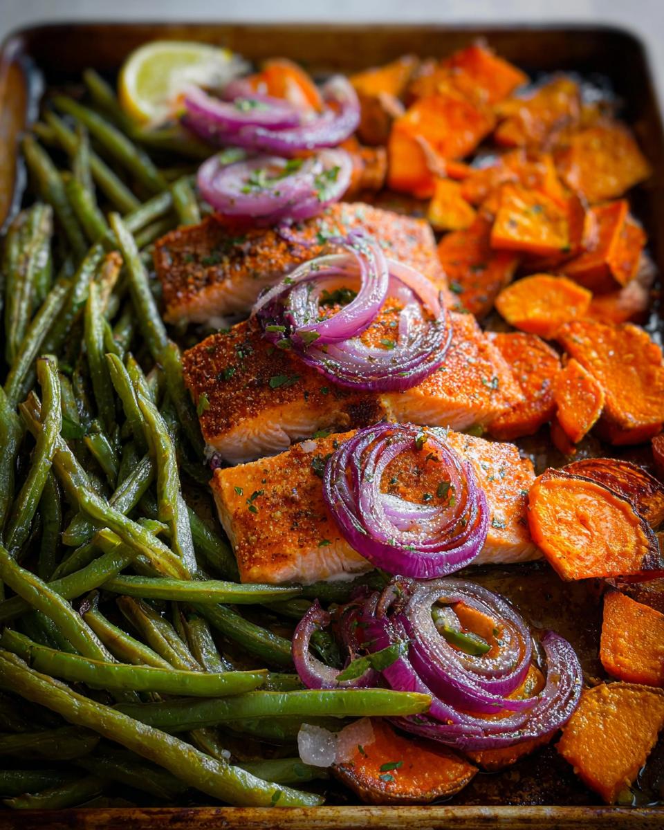 Close-up of a sheet pan with salmon fillets, green beans, and roasted sweet potatoes, topped with red onion rings.