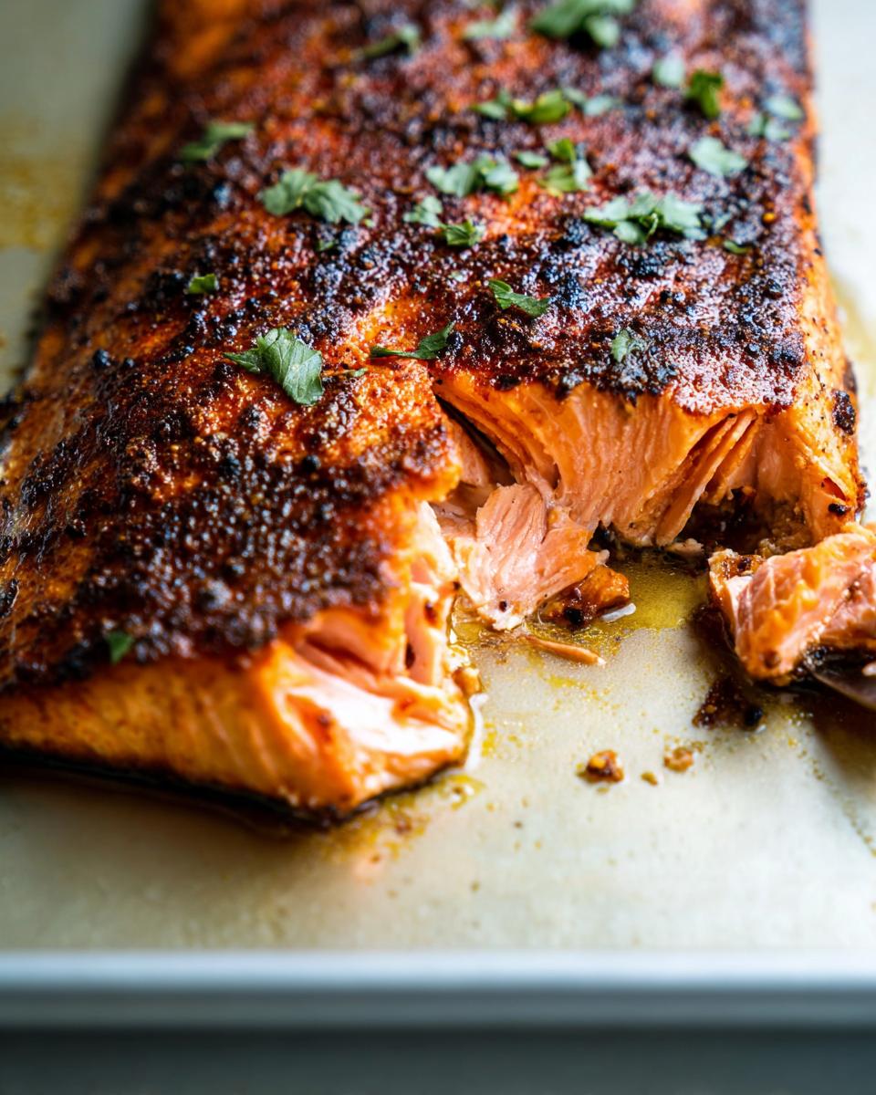 Close-up of a flaky, perfectly cooked salmon fillet with a seasoned crust, ready to serve.