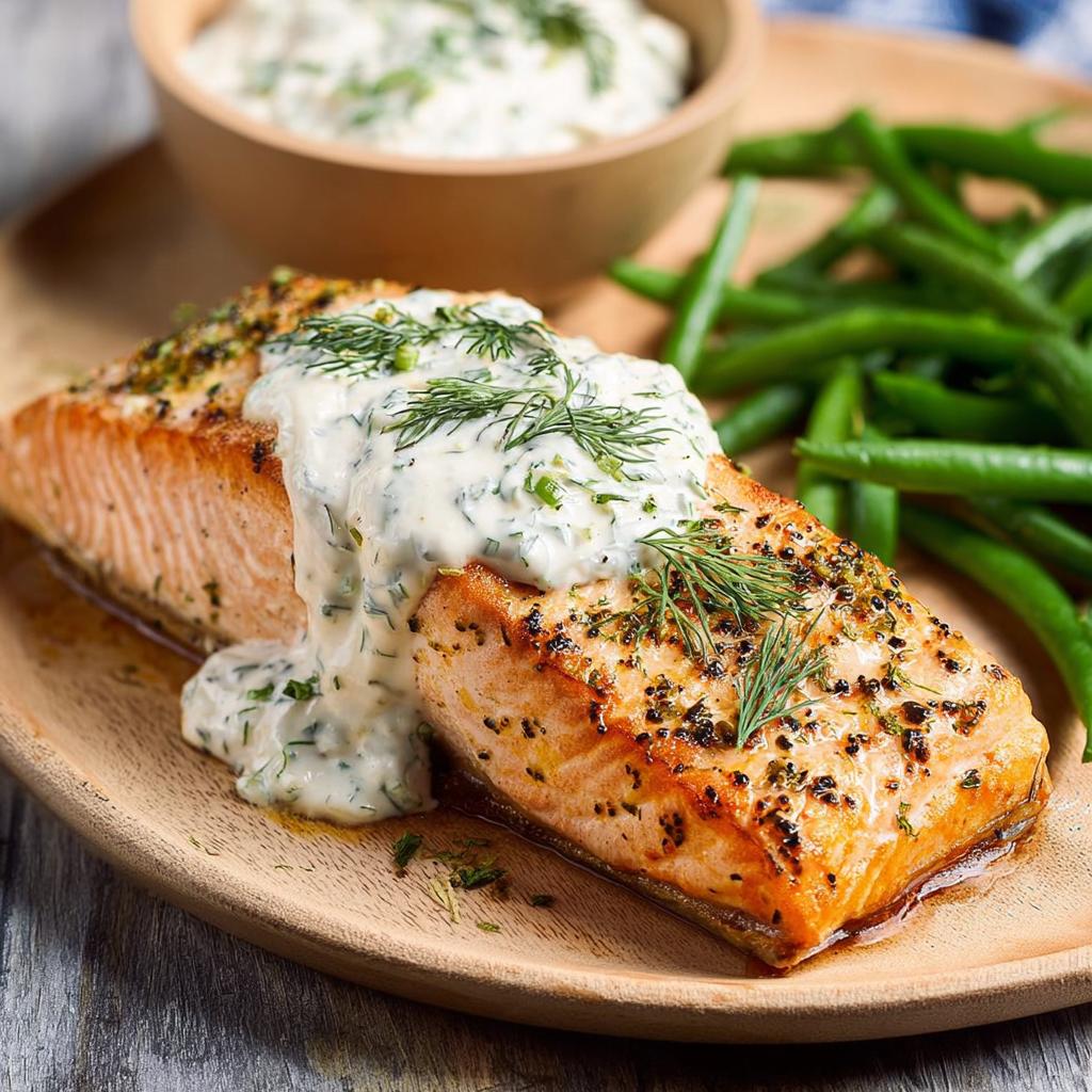 A perfectly cooked salmon fillet topped with creamy dill sauce and served with green beans.