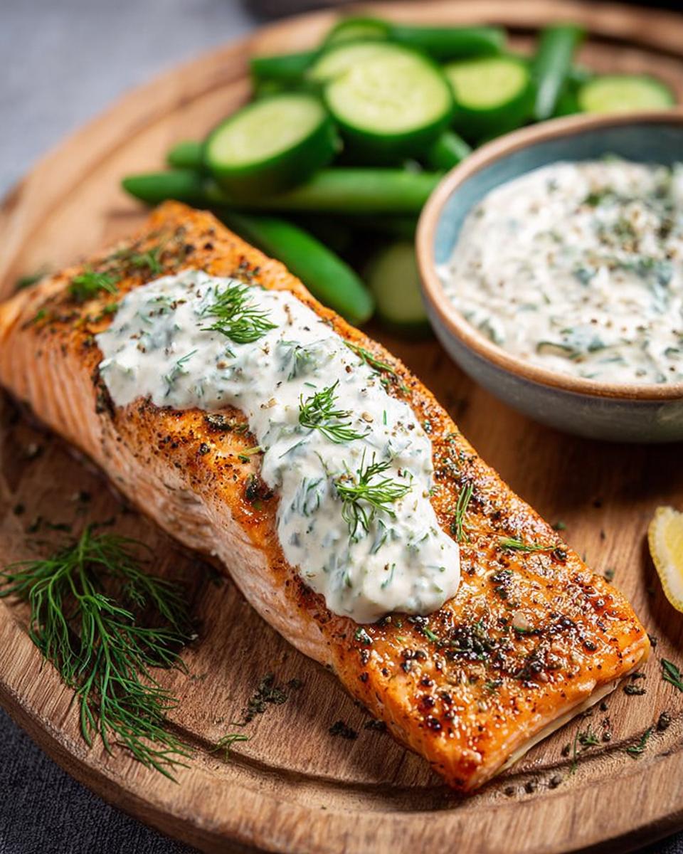 A perfectly cooked salmon fillet topped with creamy dill sauce, served with cucumber slices and green beans.