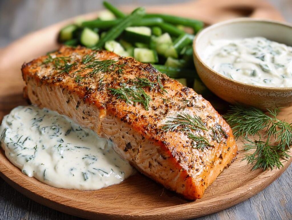 A perfectly cooked salmon fillet seasoned with herbs and dill, served with a creamy dill sauce and green beans.