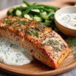 A perfectly cooked salmon fillet seasoned with herbs and dill, served with a creamy dill sauce and green beans.