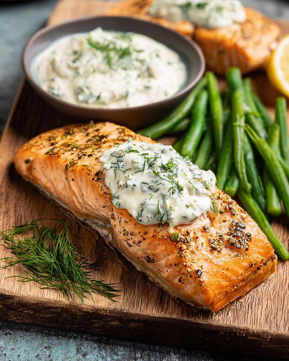 A perfectly cooked salmon fillet topped with creamy dill sauce, served with green beans.