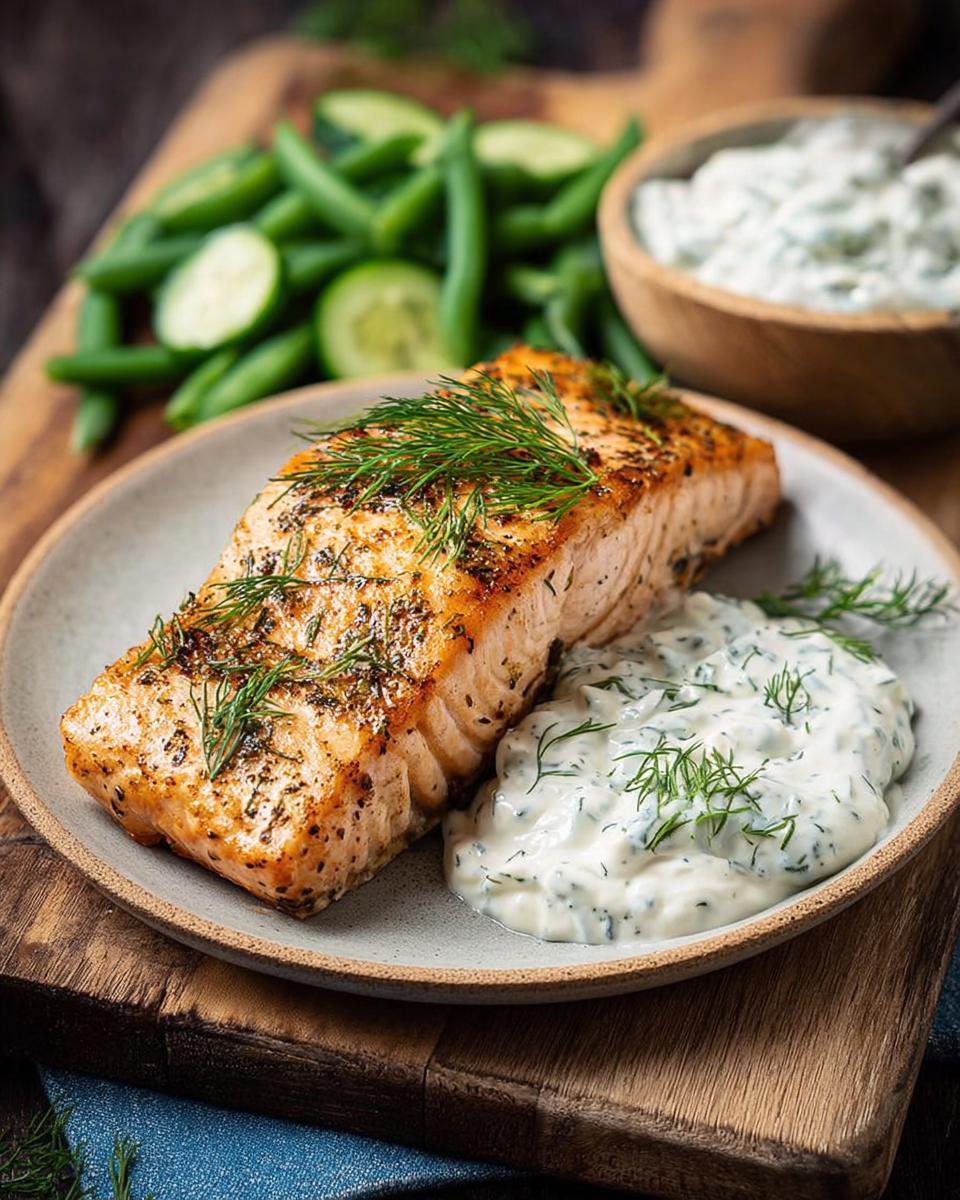 A perfectly cooked salmon fillet served with a creamy dill sauce and a side of green beans and cucumber.