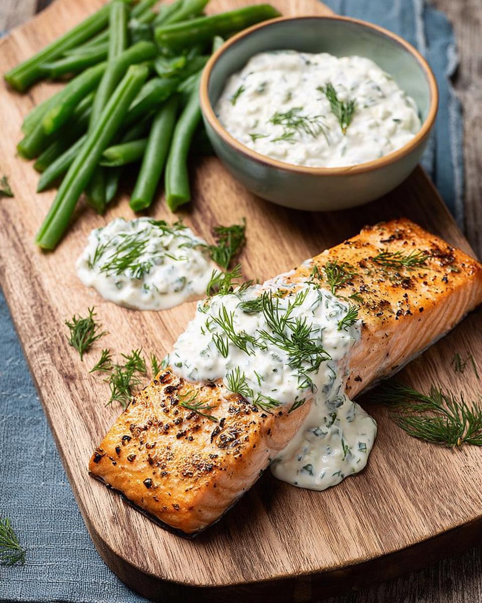 A perfectly cooked salmon fillet topped with creamy dill sauce, served with green beans and extra sauce.