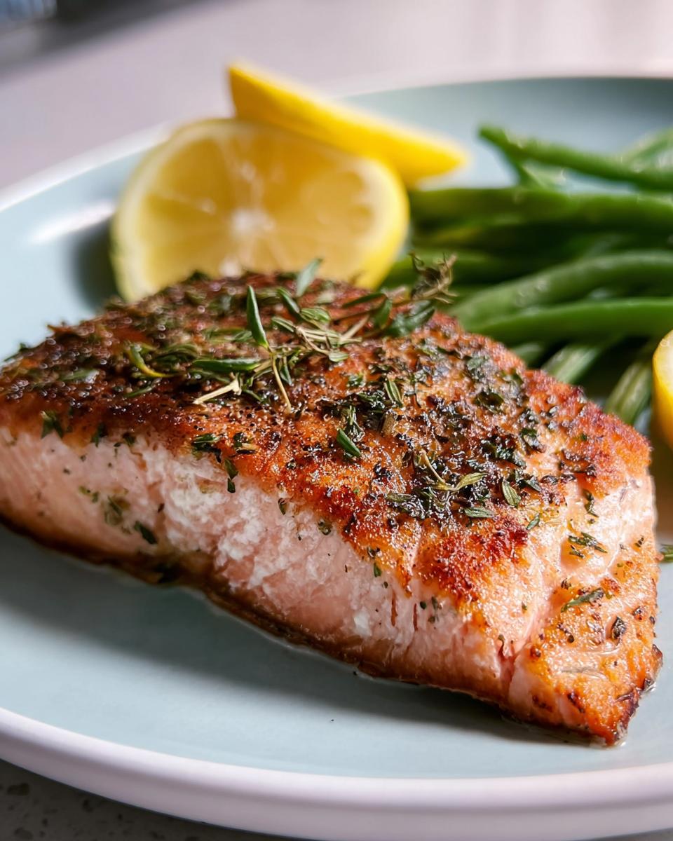 A close-up of a perfectly cooked salmon fillet, seasoned with herbs and served with lemon slices and green beans.