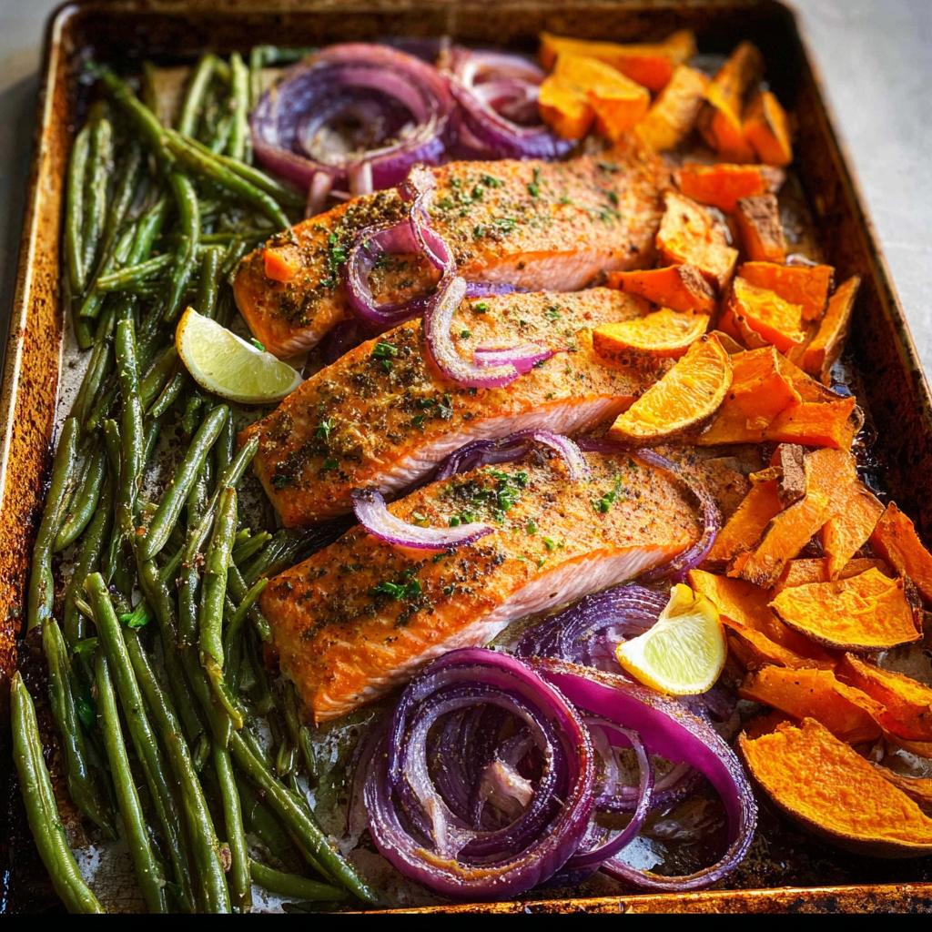 Three salmon fillets baked on a sheet pan with roasted sweet potatoes, green beans, and red onion rings.