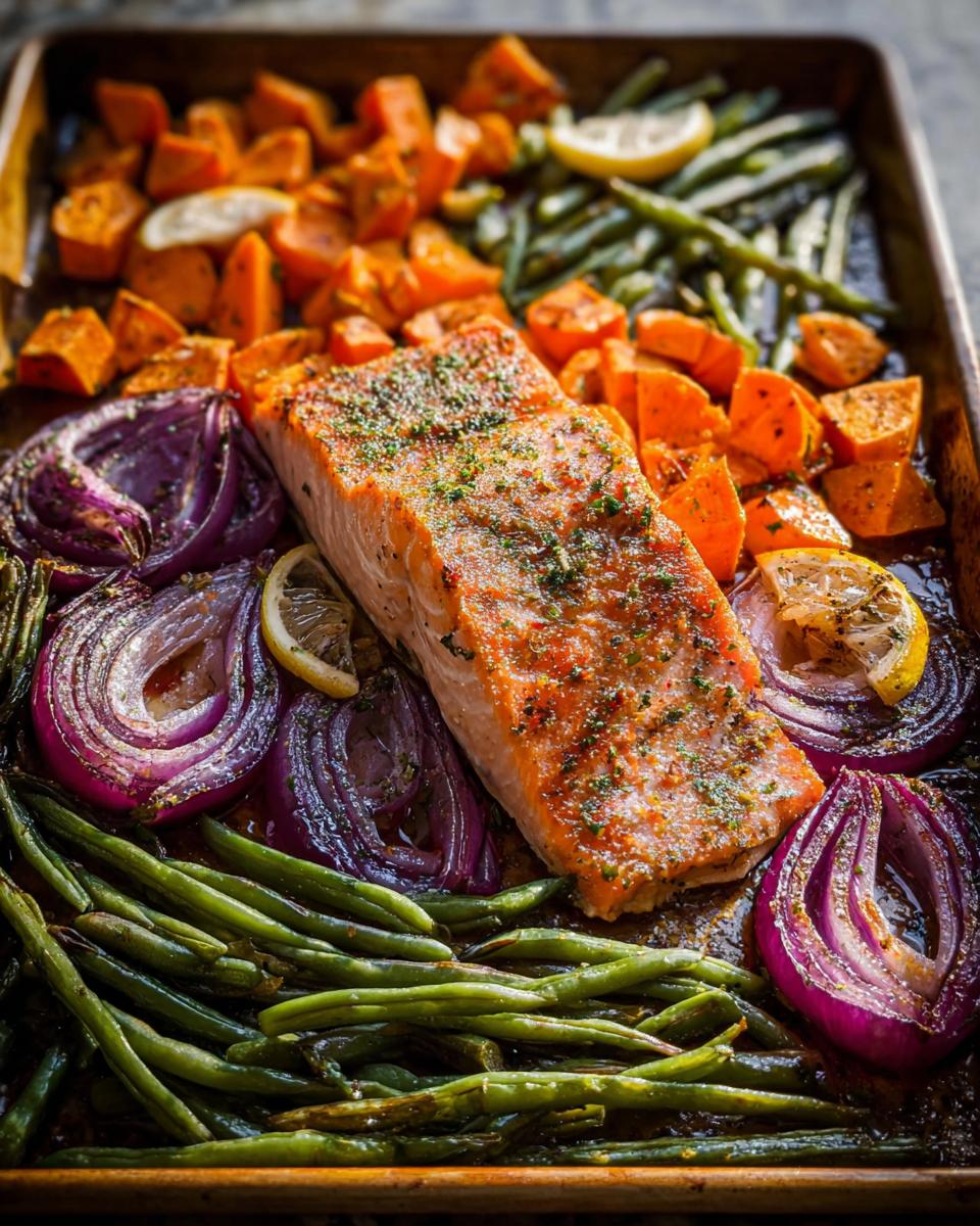 A close-up of a salmon fillet baked on a sheet pan with sweet potatoes, red onions, green beans, and lemon slices.
