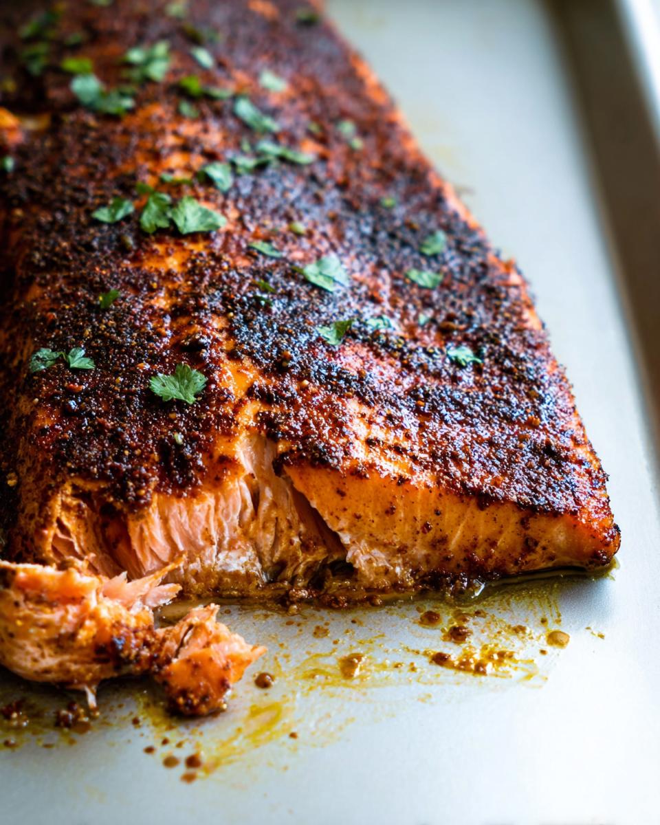 Close-up of a perfectly cooked salmon fillet with a dark spice rub and fresh parsley, ready for serving.