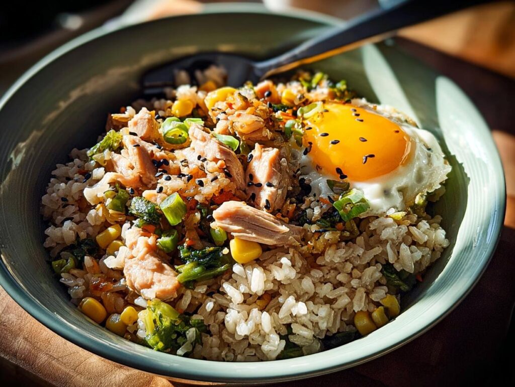 A close-up of a salmon rice bowls recipe with a fried egg, corn, broccoli, and sesame seeds.