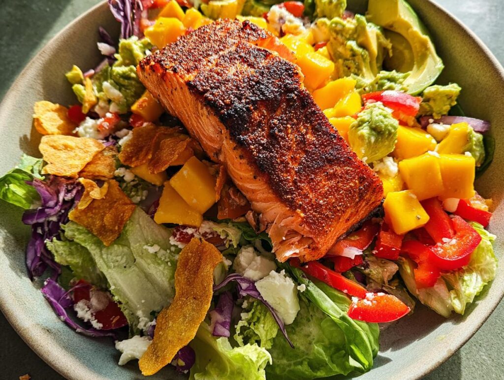 A vibrant and fresh salad featuring a perfectly cooked salmon fillet on top, with mango, avocado, and red bell peppers.
