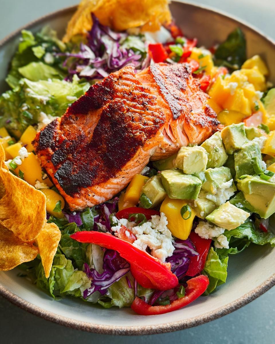 A vibrant salad featuring a perfectly cooked salmon fillet atop fresh greens, avocado, mango, and red peppers. Part of Salmon Recipes in 15 Minutes.