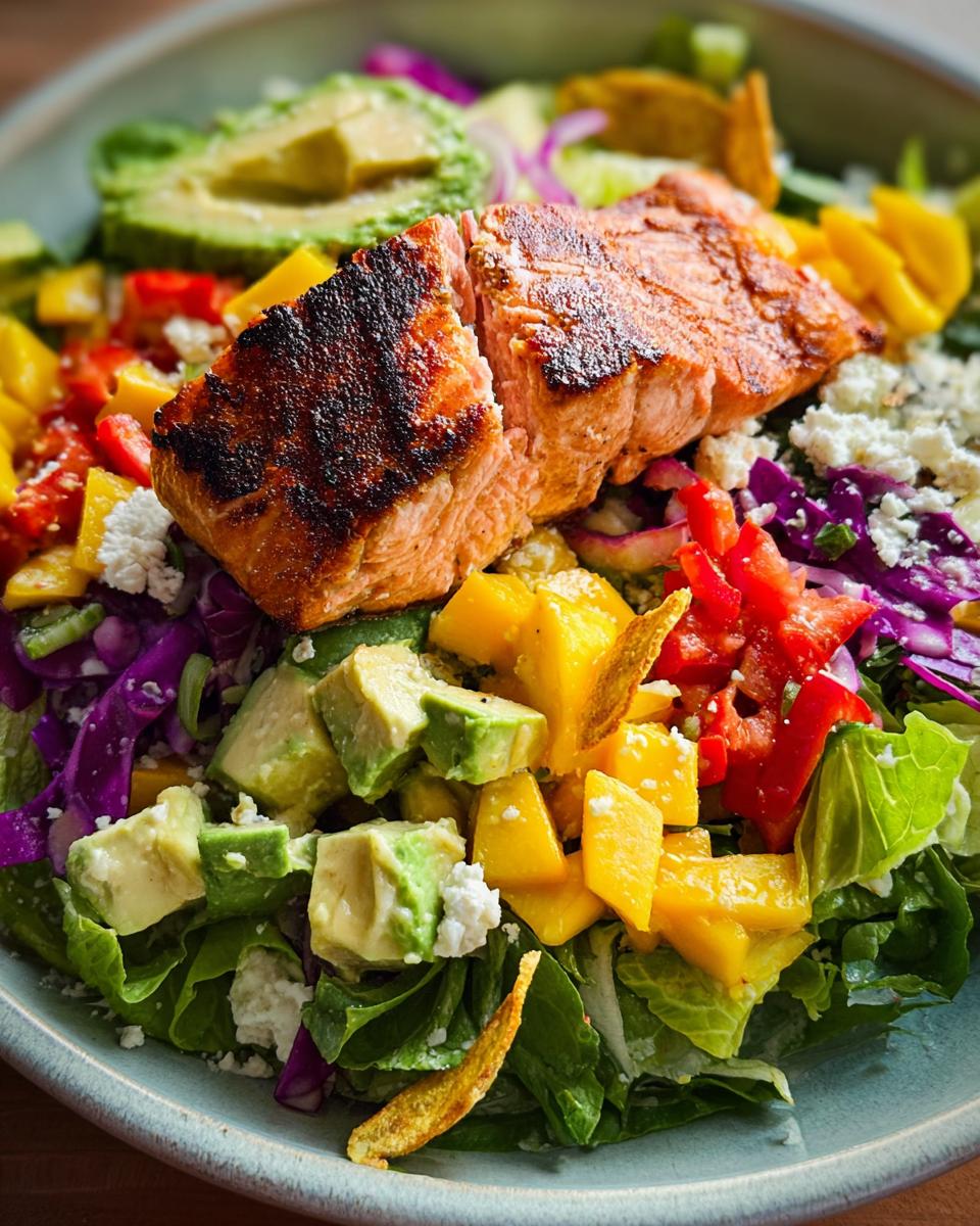 A vibrant salmon salad with grilled salmon, avocado, mango, red pepper, and feta cheese, perfect for quick salmon recipes.
