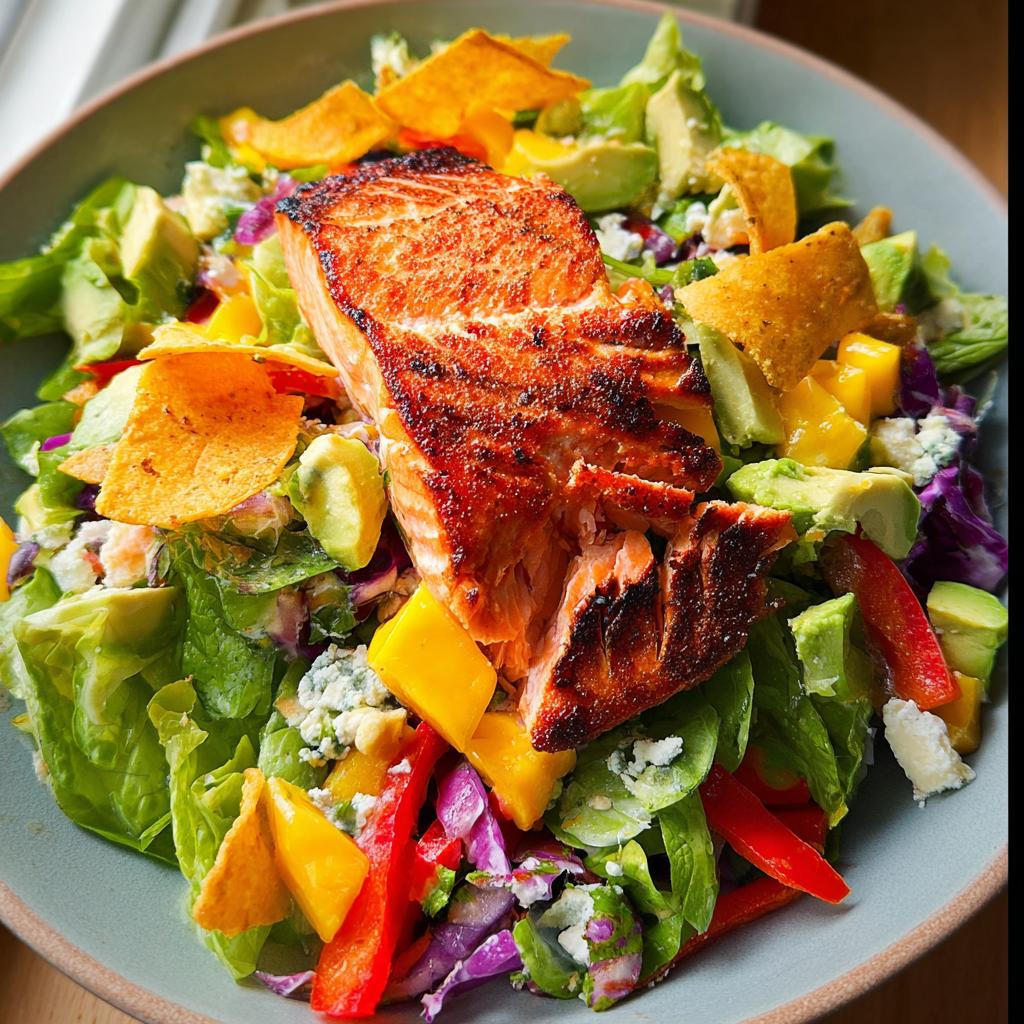 A vibrant salmon salad featuring a perfectly cooked salmon fillet atop fresh greens, avocado, mango, bell peppers, and tortilla chips.