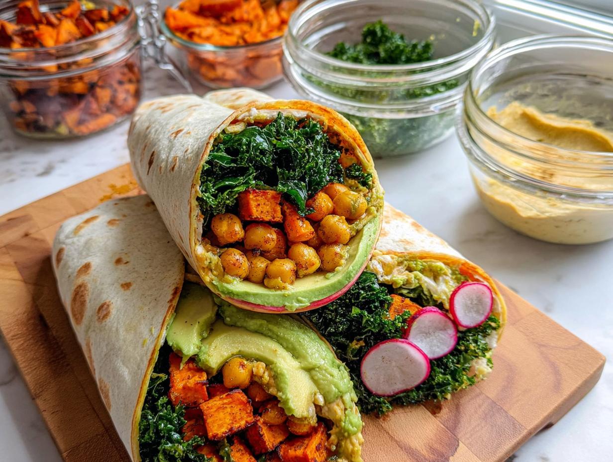 Two delicious veggie wraps filled with sweet potatoes, chickpeas, kale, avocado, and radishes. Perfect for sandwich ideas recipes meal prep.