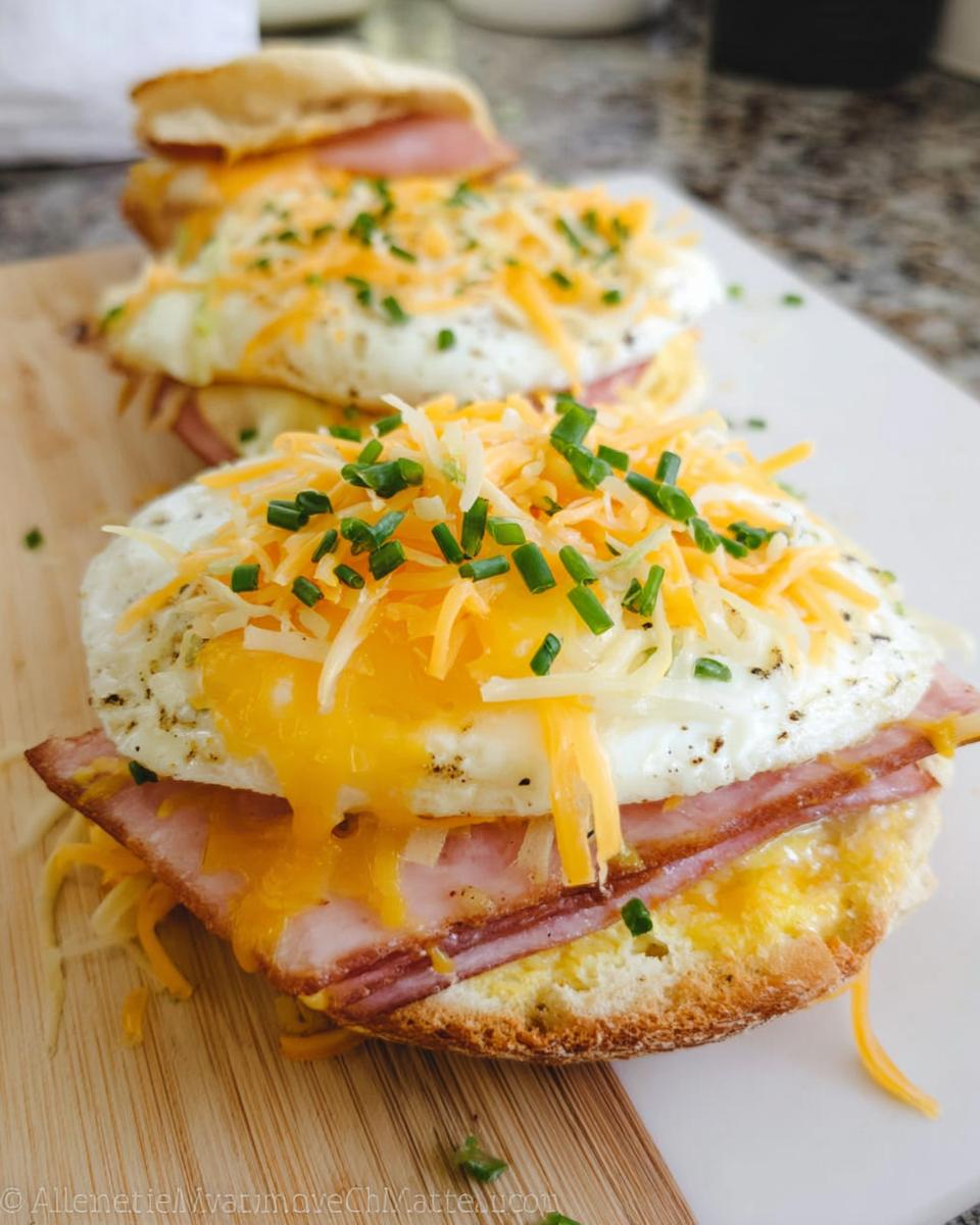 Close-up of a delicious sandwich recipe with ham, a fried egg, melted cheese, and chives on a toasted bun.