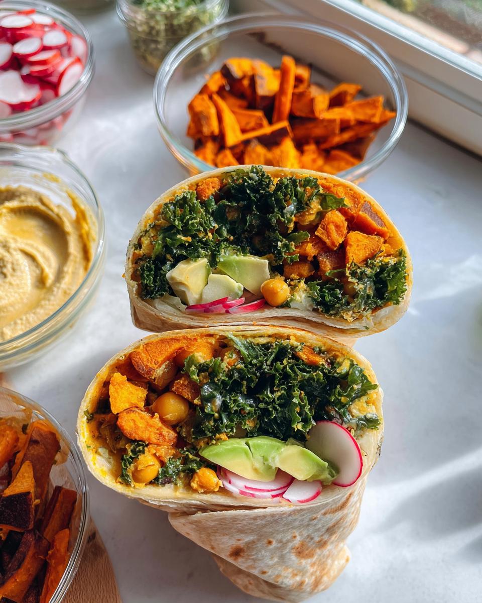 A halved wrap sandwich filled with roasted sweet potatoes, kale, chickpeas, avocado, and radish, perfect for meal prep.