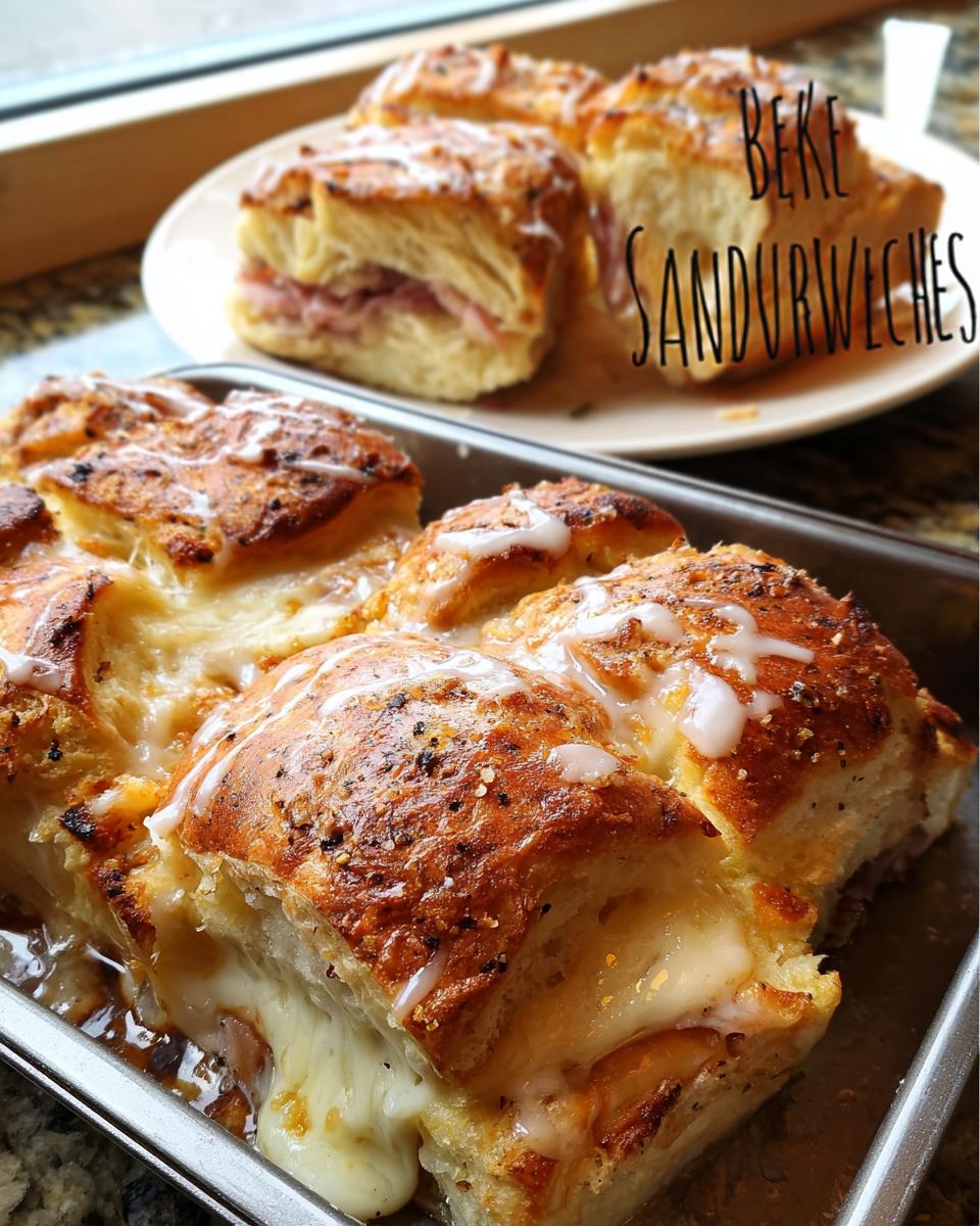 Close-up of baked sandwich ideas recipes with gooey melted cheese and a drizzle of glaze.