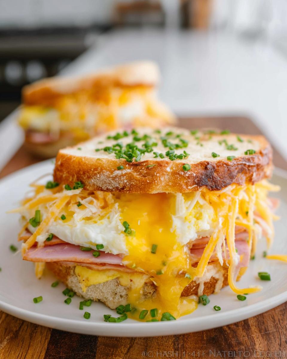 Close-up of a delicious breakfast sandwich with runny egg yolk, ham, melted cheese, and chives.