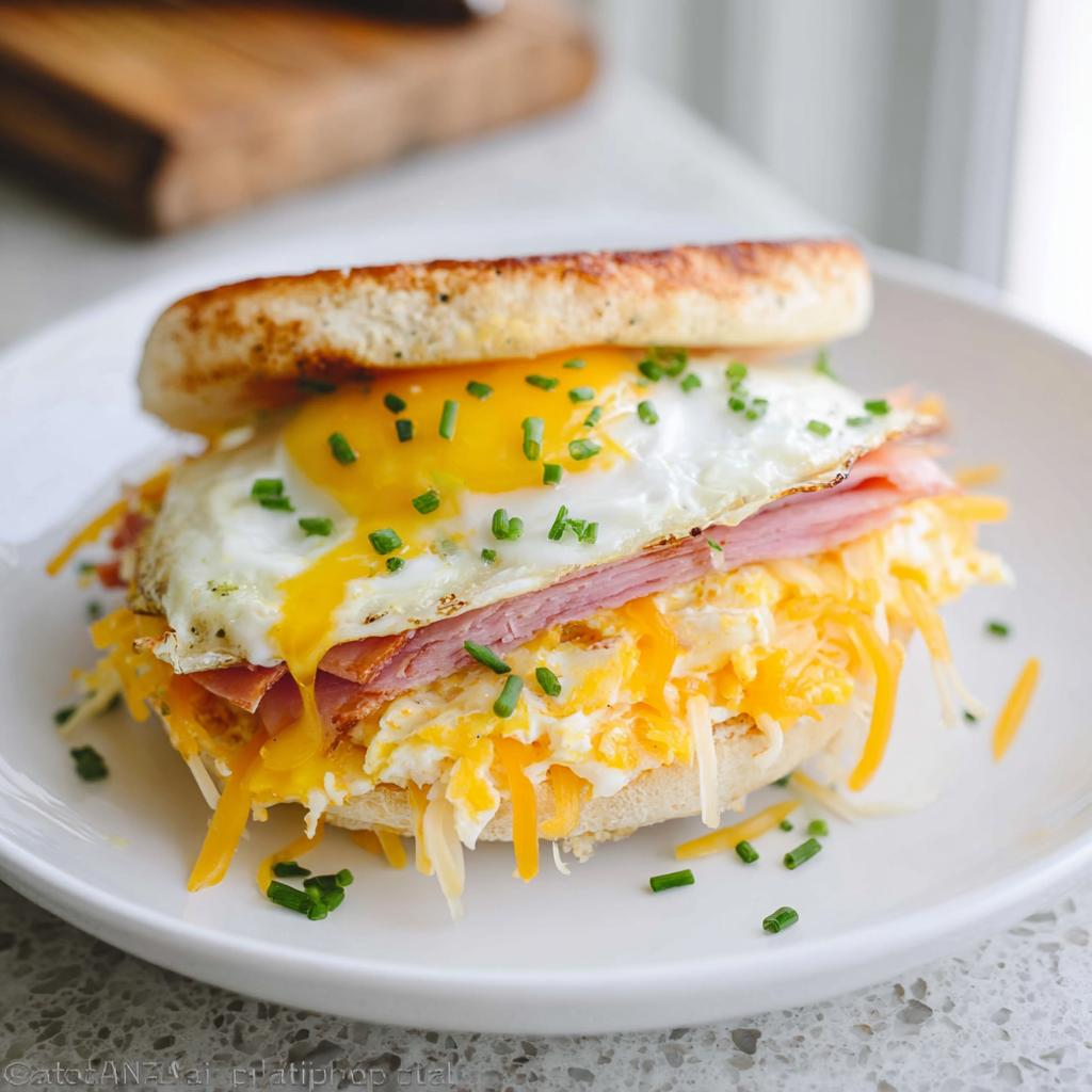 A mouthwatering breakfast sandwich with a fried egg, ham, and melted cheese on a toasted bun, part of our Sandwich Ideas Recipes.