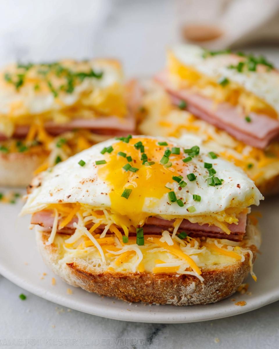 Close-up of a delicious sandwich recipe with a fried egg, ham, melted cheese, and chives on an English muffin.