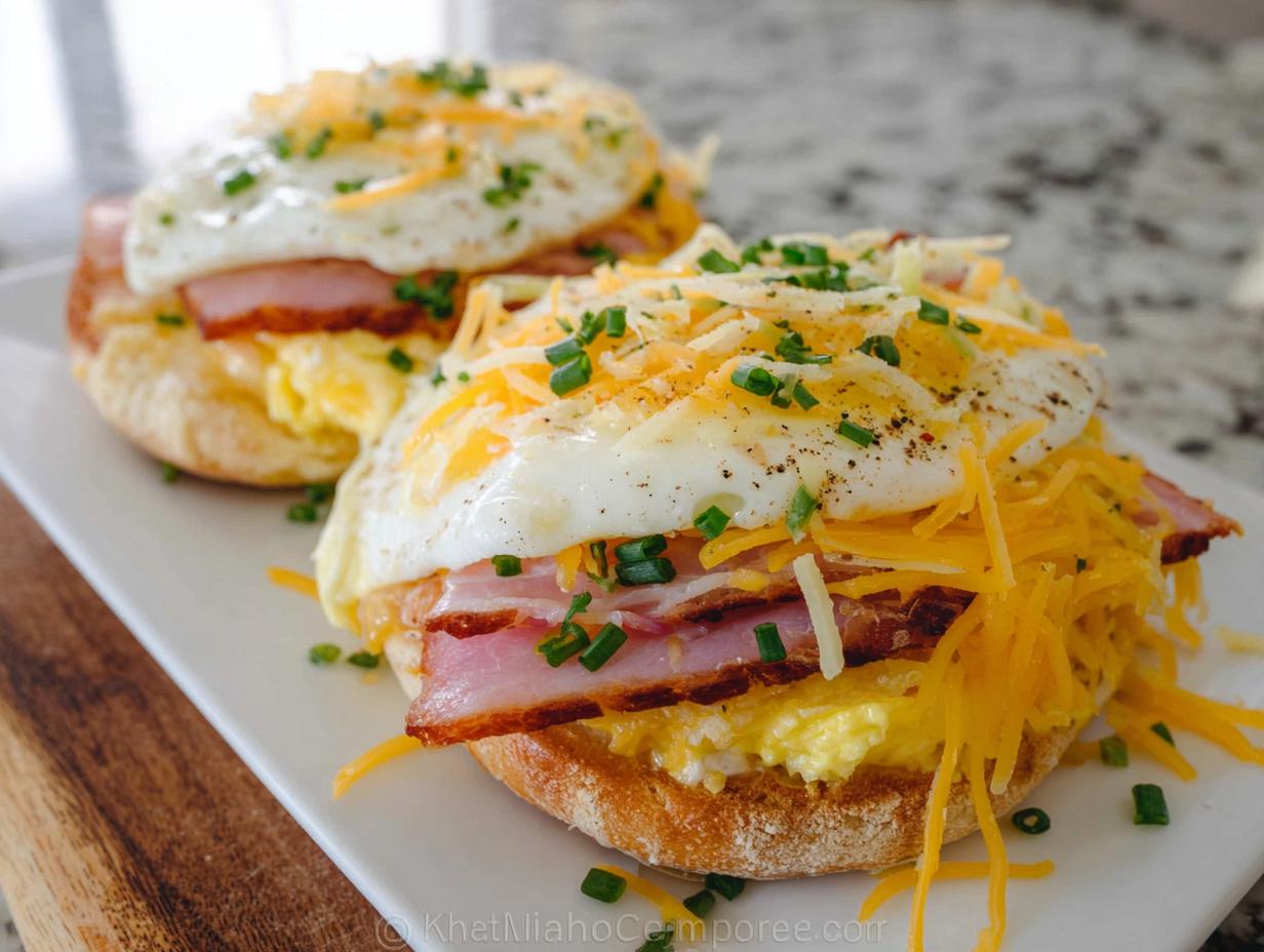 Close-up of two delicious sandwich ideas recipes with ham, scrambled eggs, a fried egg, and shredded cheese on an English muffin.