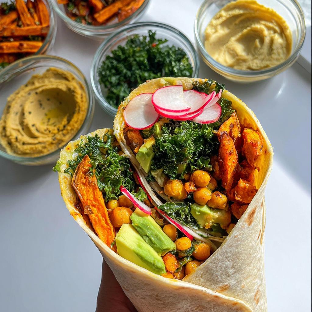 A delicious wrap filled with sweet potato, chickpeas, avocado, kale, and radish, perfect for sandwich ideas recipes meal prep.
