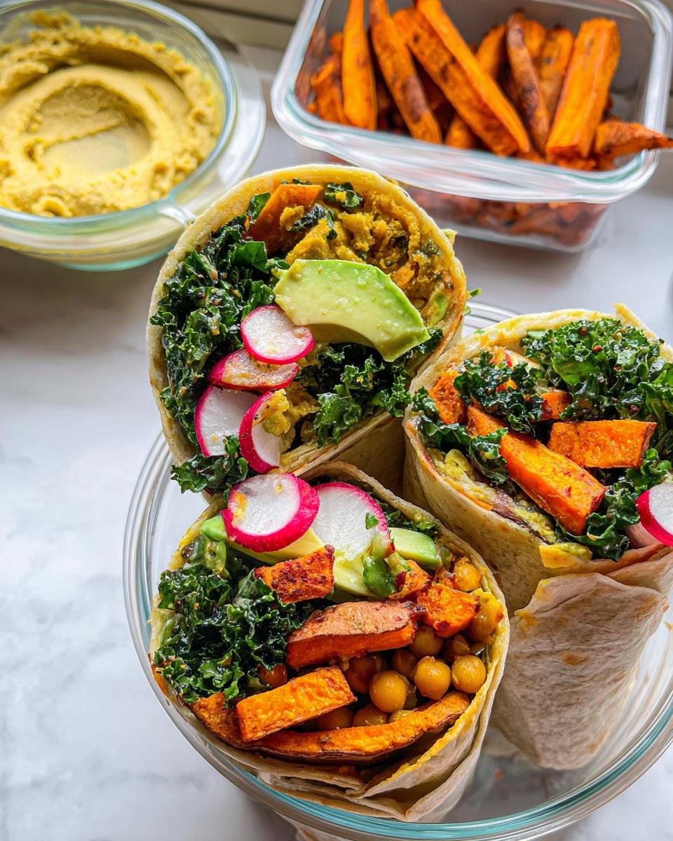 Three healthy wraps filled with sweet potato, kale, avocado, radish, and chickpeas, perfect for sandwich ideas recipes meal prep.