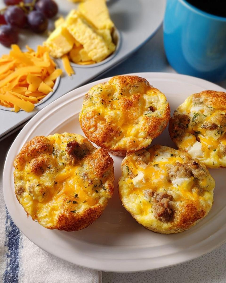 Four golden-brown sausage and cheese egg muffins on a white plate, part of 20-Ingredient Breakfast Ideas.