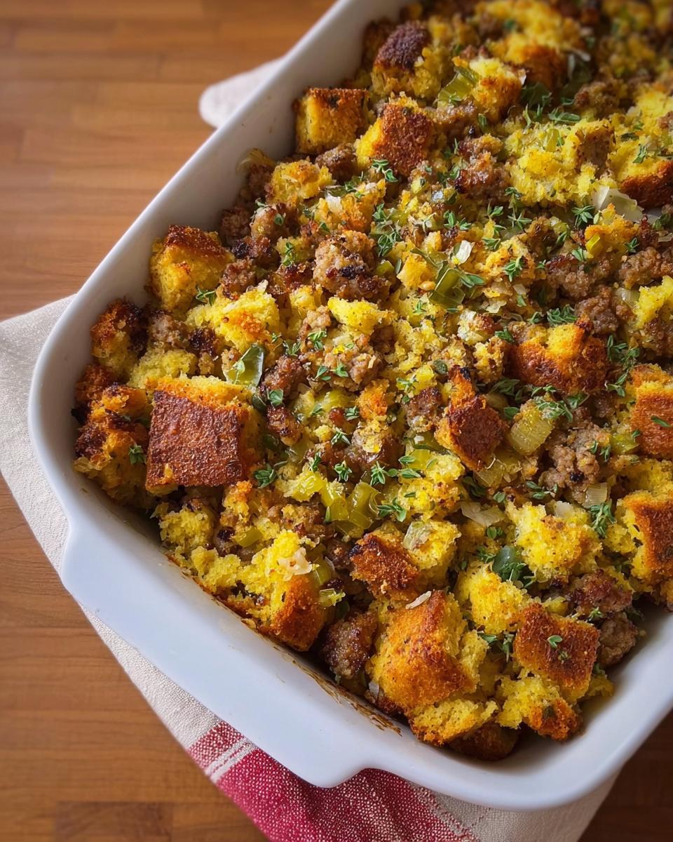 A close-up of a white baking dish filled with a golden cornbread stuffing mixed with crumbled sausage and herbs.