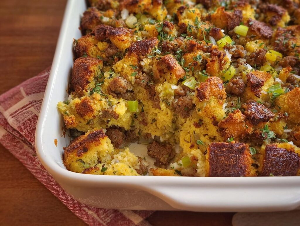 Close-up of a baking dish filled with homemade sausage cornbread stuffing, a delicious side dish.