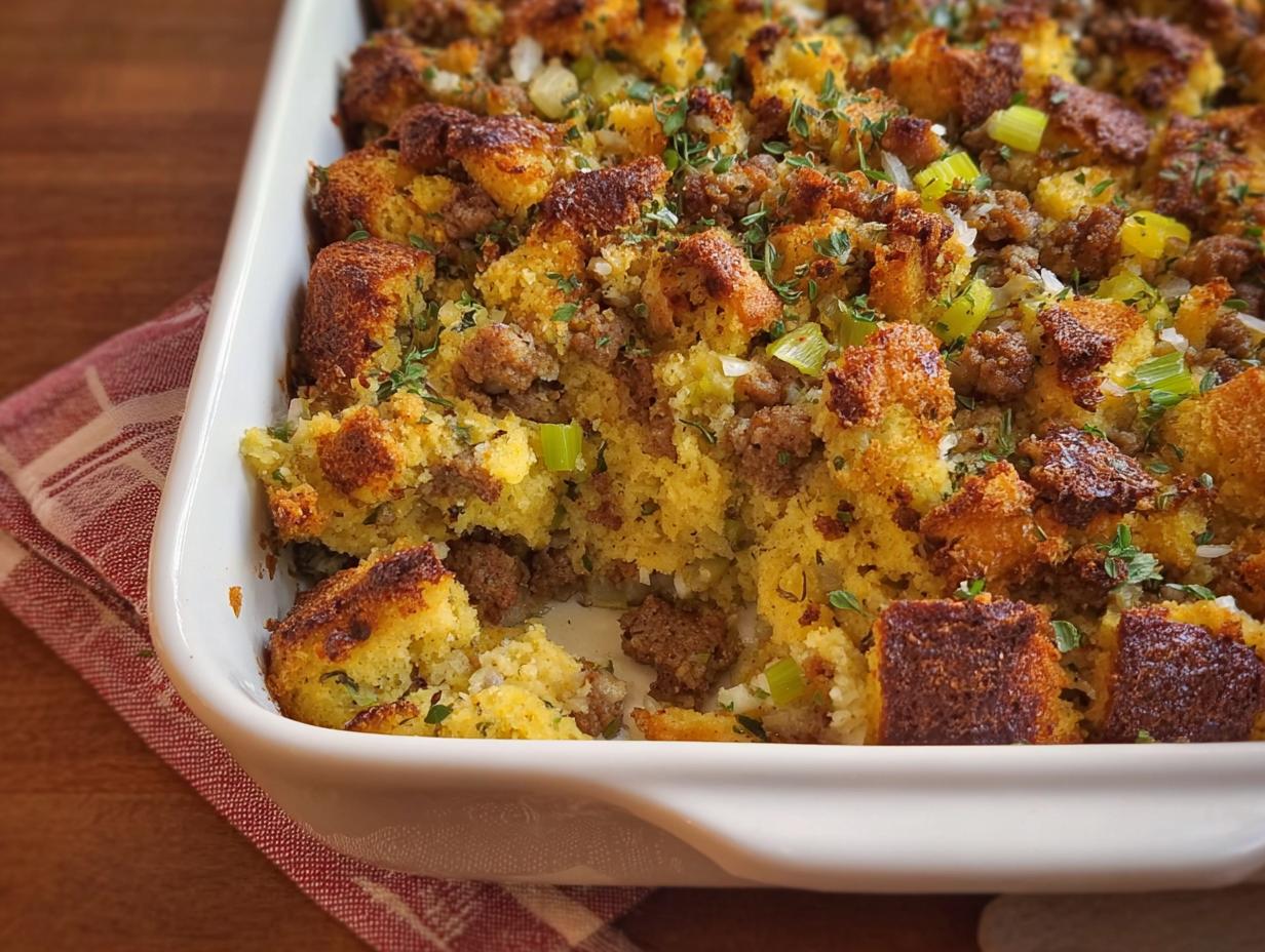 Close-up of a baking dish filled with homemade sausage cornbread stuffing, a delicious side dish.