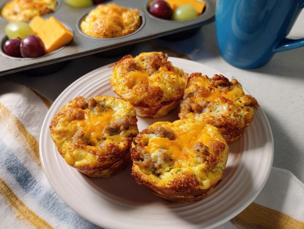 Four homemade sausage and egg breakfast muffins topped with melted cheddar cheese, part of 20-Ingredient Breakfast Ideas Recipes.