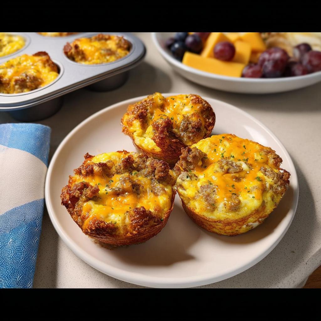 Three savory sausage and egg breakfast muffins topped with melted cheese, part of 20-Ingredient Breakfast Ideas Recipes.
