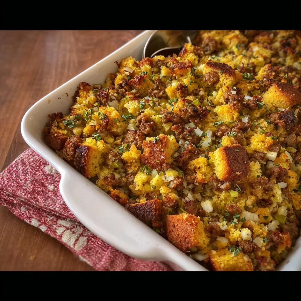 A close-up of a casserole dish filled with savory sausage stuffing, featuring cornbread cubes and herbs.