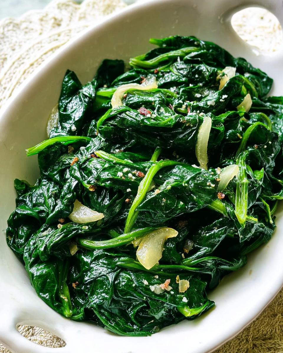 Close-up of a white bowl filled with sautéed spinach, garlic, and spices, part of 20-Ingredient Veggie Sides Recipes.