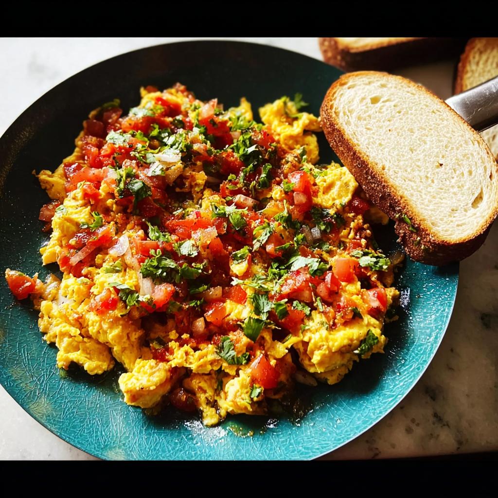Scrambled eggs topped with fresh tomatoes, onions, and cilantro, served with toast. A quick egg recipe.