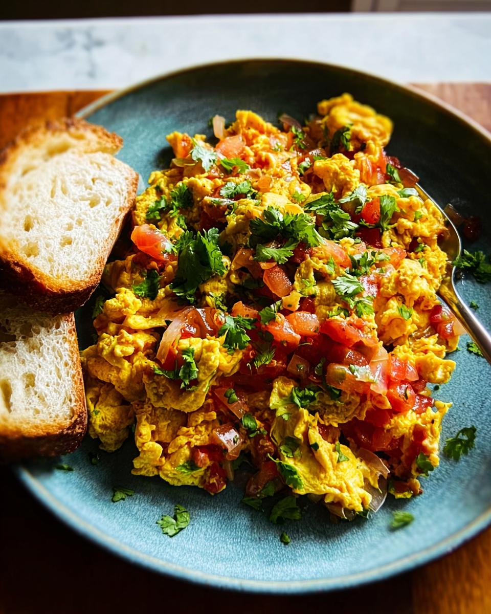 Scrambled eggs with tomatoes and cilantro, served with toast, a quick and easy egg recipe.