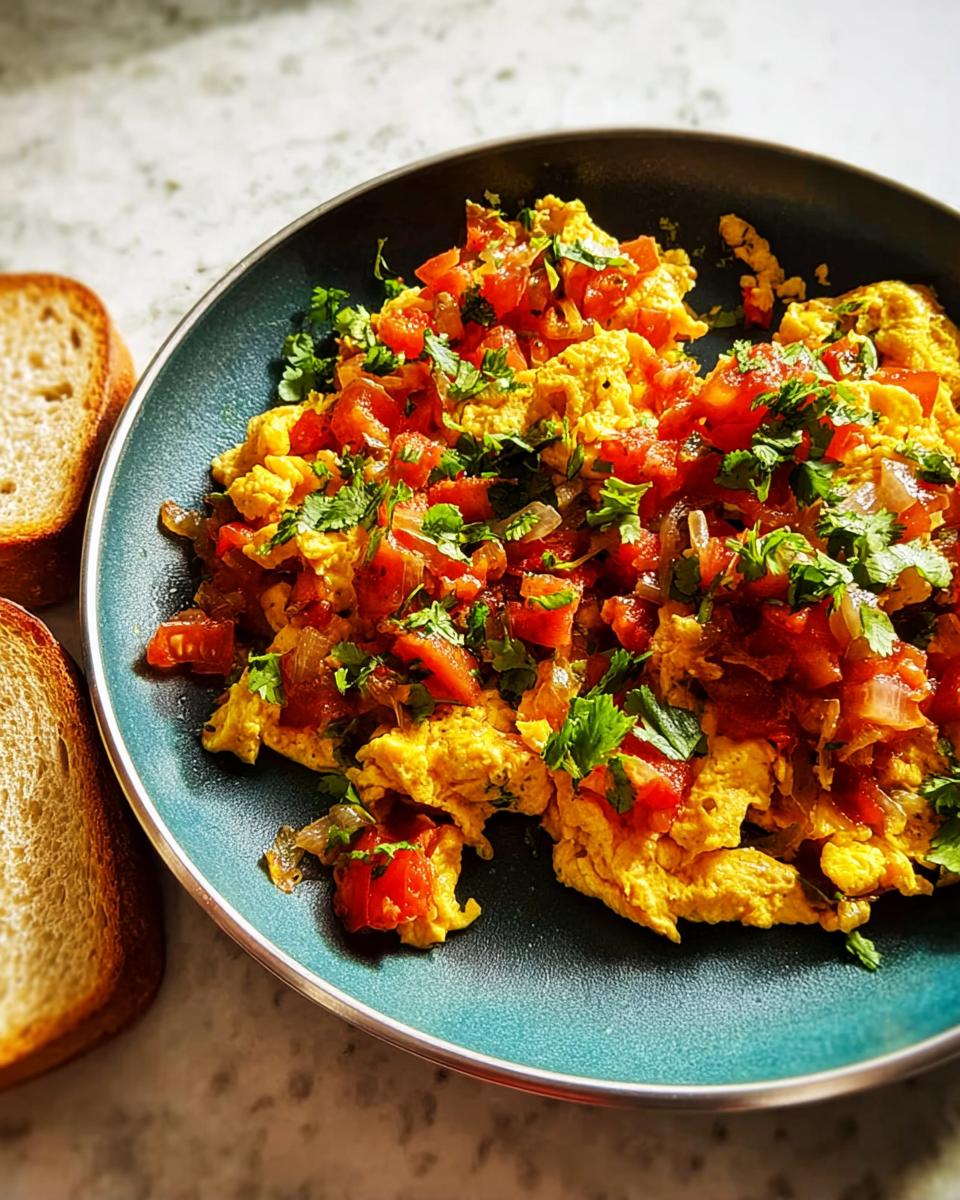 Scrambled eggs with diced tomatoes and fresh cilantro, served with toast. A quick and easy egg recipe.