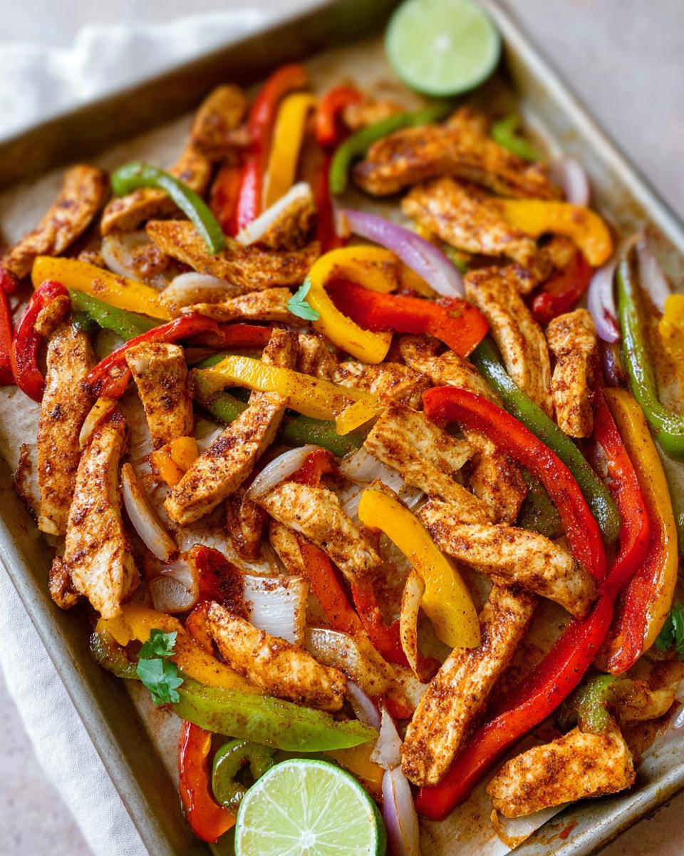 Colorful sheet pan chicken fajitas with sliced bell peppers, onions, and lime wedges, seasoned and ready to cook.