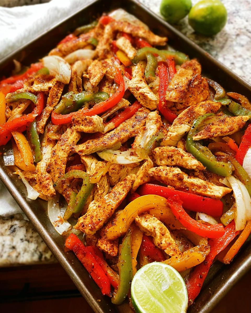 Close-up of colorful chicken fajitas with bell peppers and onions on a baking sheet, a lime wedge on the side.