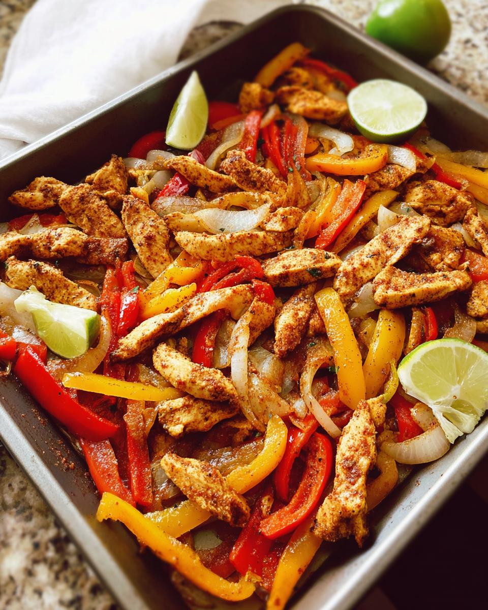 Close-up of a sheet pan filled with seasoned chicken strips, colorful bell peppers, and onions, garnished with lime wedges.