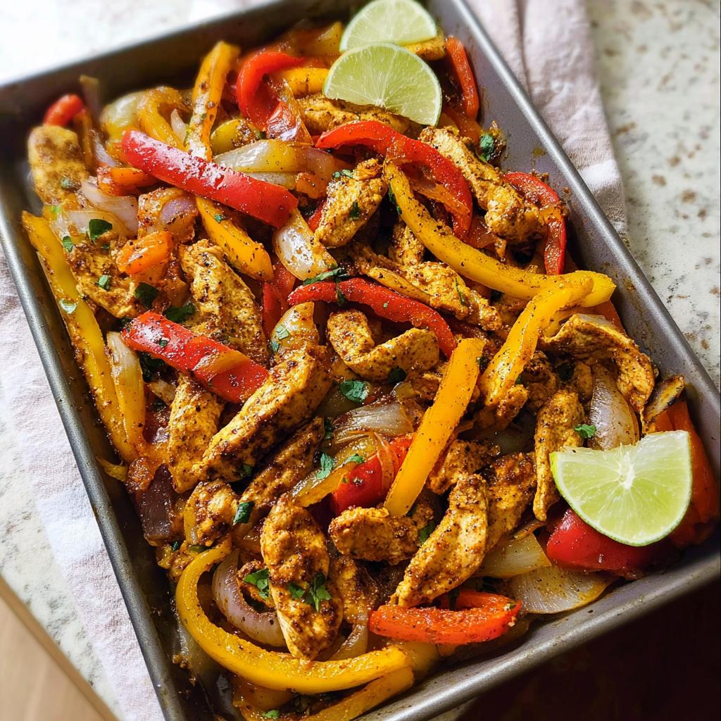 Sheet pan chicken fajitas with colorful bell peppers and onions, garnished with lime wedges. A perfect quick chicken recipe.