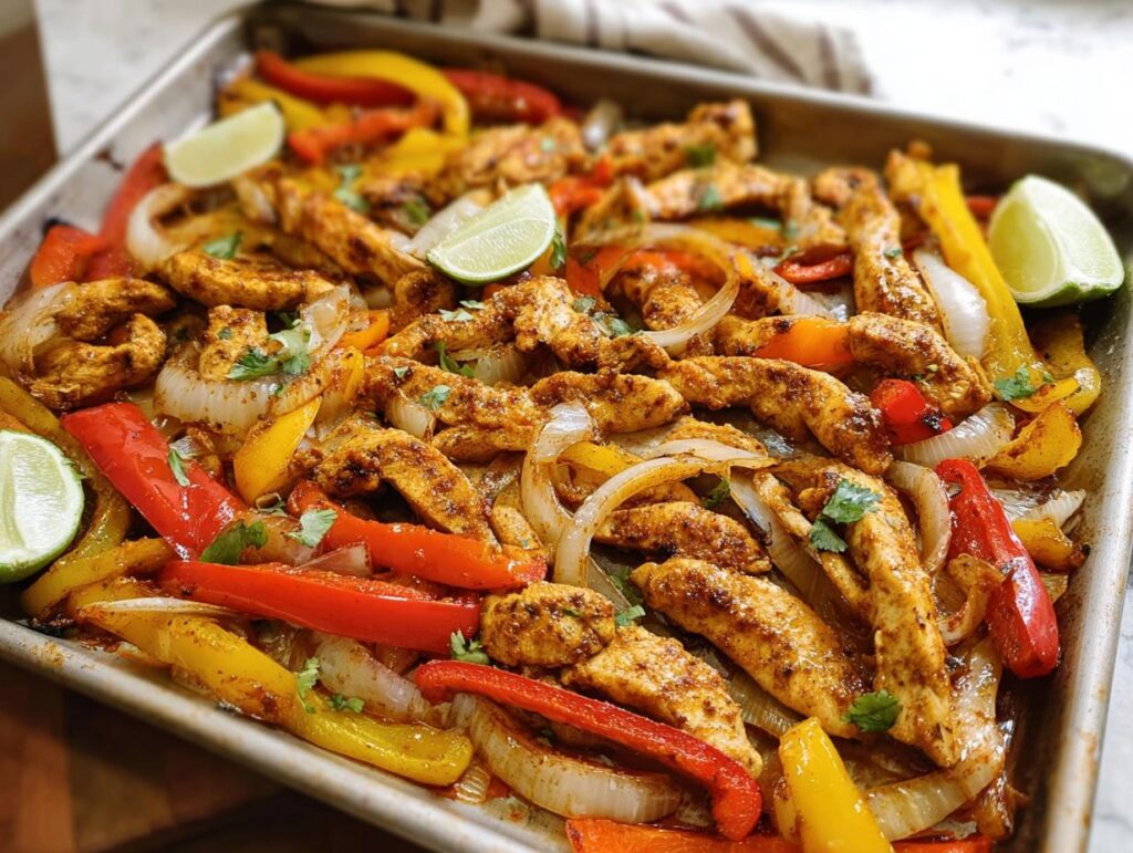A colorful sheet pan filled with seasoned chicken strips, bell peppers, and onions, garnished with lime wedges and cilantro. One of 7 genius chicken recipes ideas for busy weeknights.