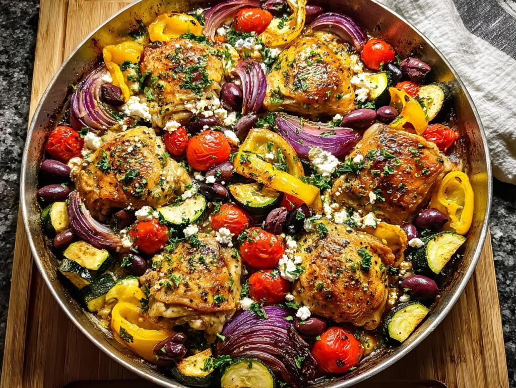 A colorful sheet pan meal featuring roasted chicken thighs with zucchini, bell peppers, red onion, cherry tomatoes, olives, and feta cheese.
