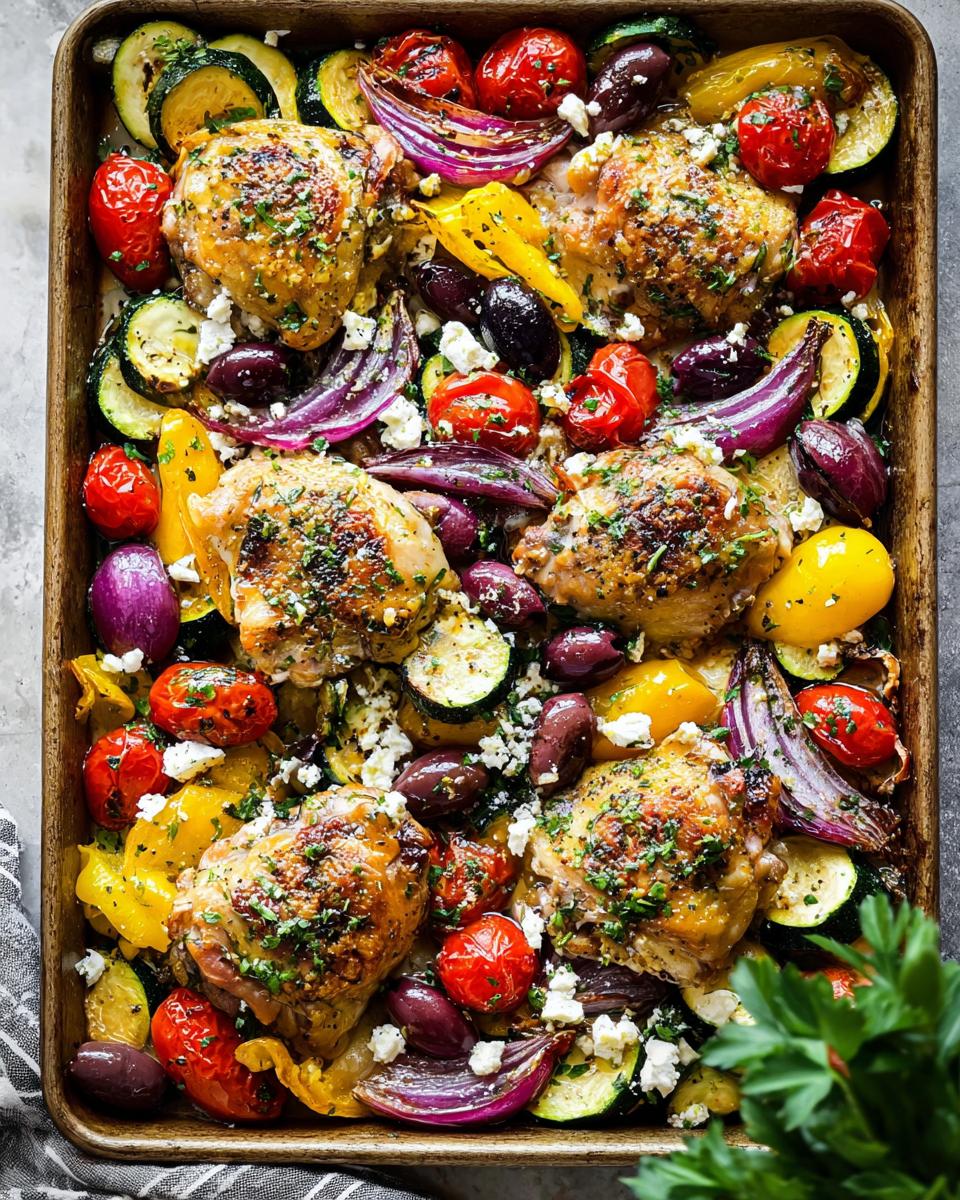 Overhead view of a sheet pan filled with roasted chicken thighs, zucchini, cherry tomatoes, red onion, bell peppers, olives, and feta cheese.