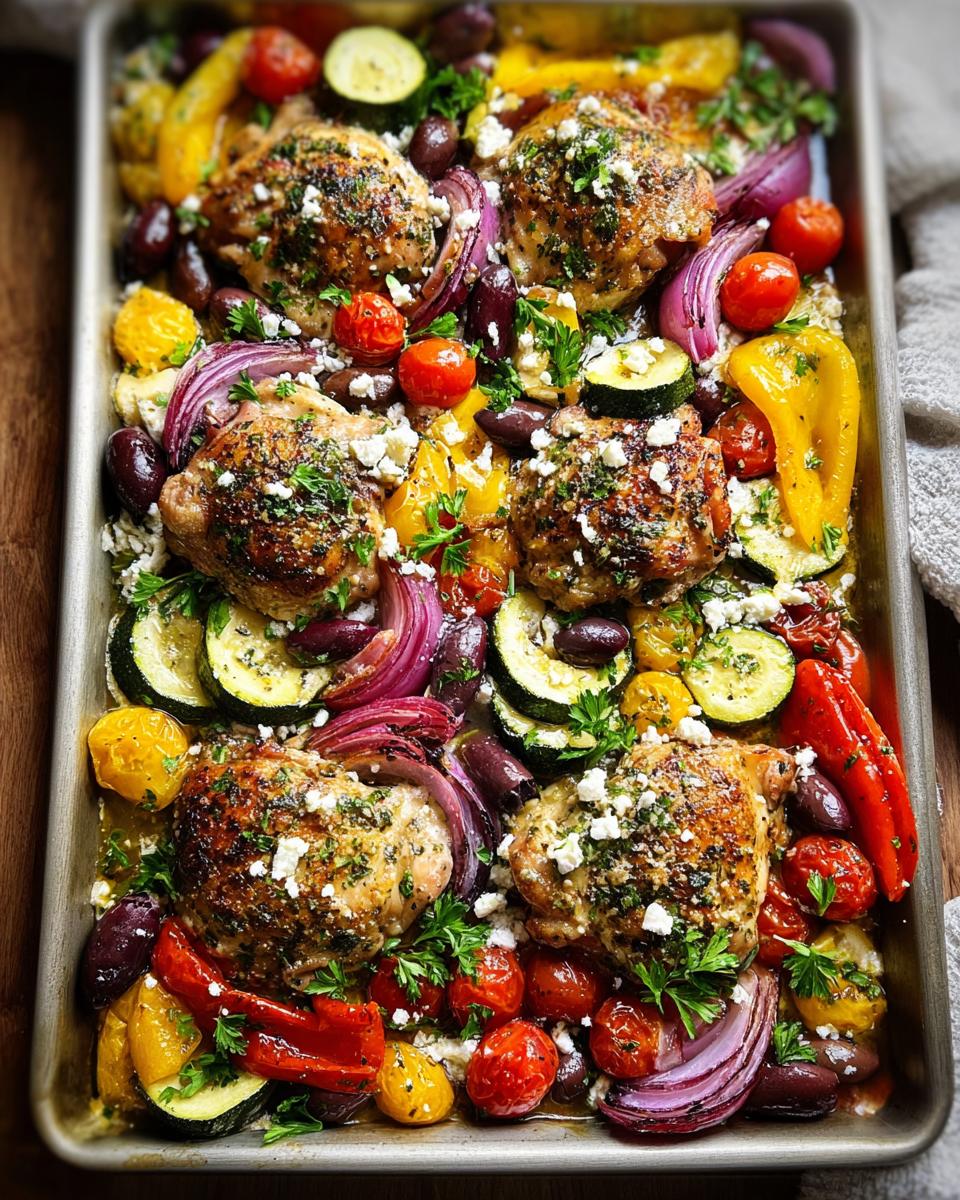 A colorful sheet pan meal featuring roasted chicken thighs with zucchini, bell peppers, red onion, cherry tomatoes, and olives, topped with feta cheese.