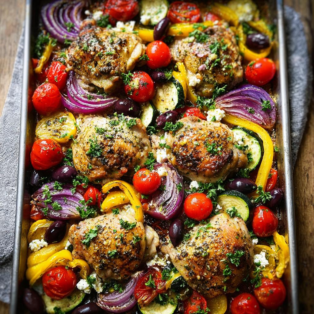 A colorful sheet pan filled with roasted chicken thighs, cherry tomatoes, red onion, bell peppers, zucchini, and olives.