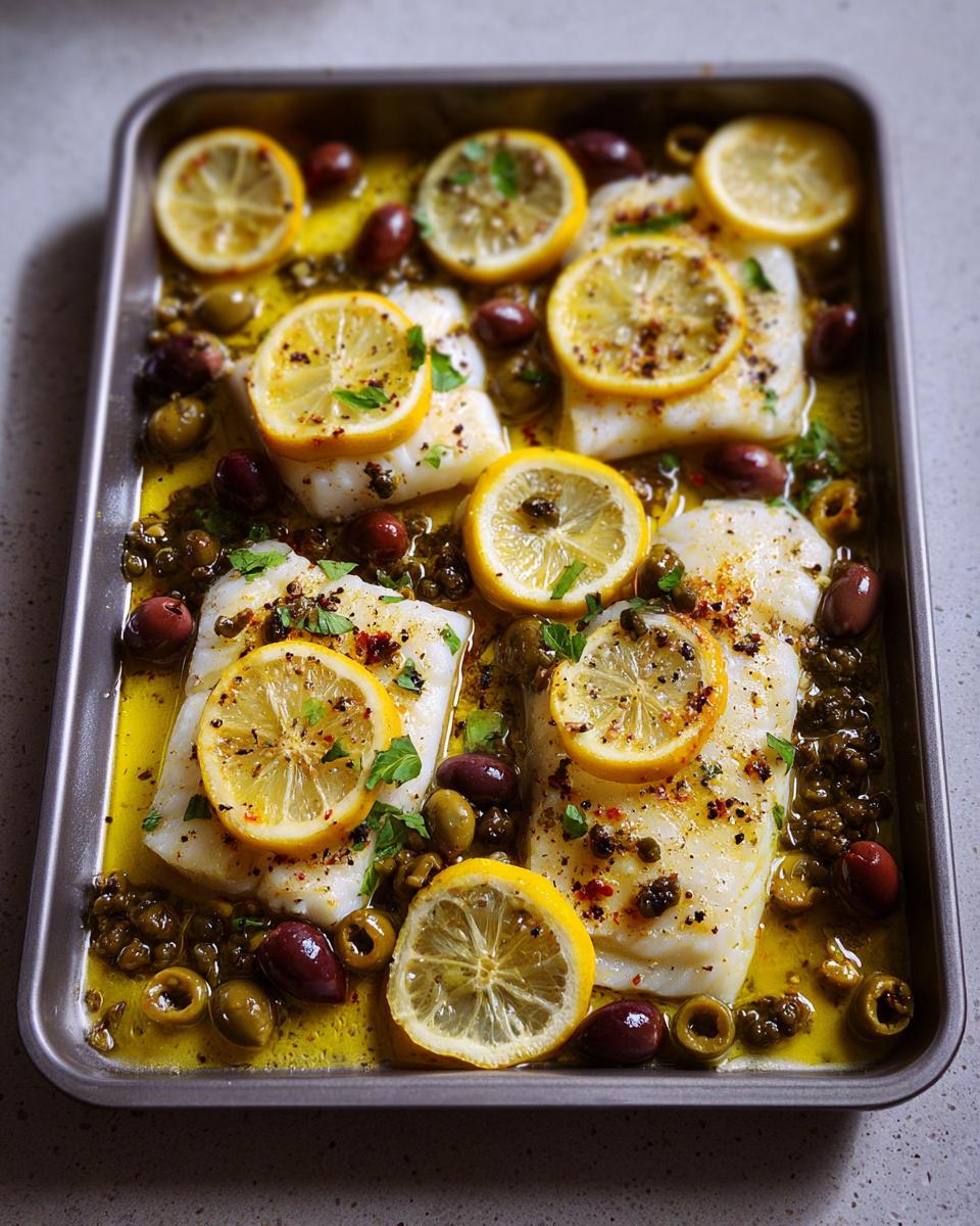 A close-up of a sheet pan with baked white fish fillets topped with lemon slices, olives, and herbs.
