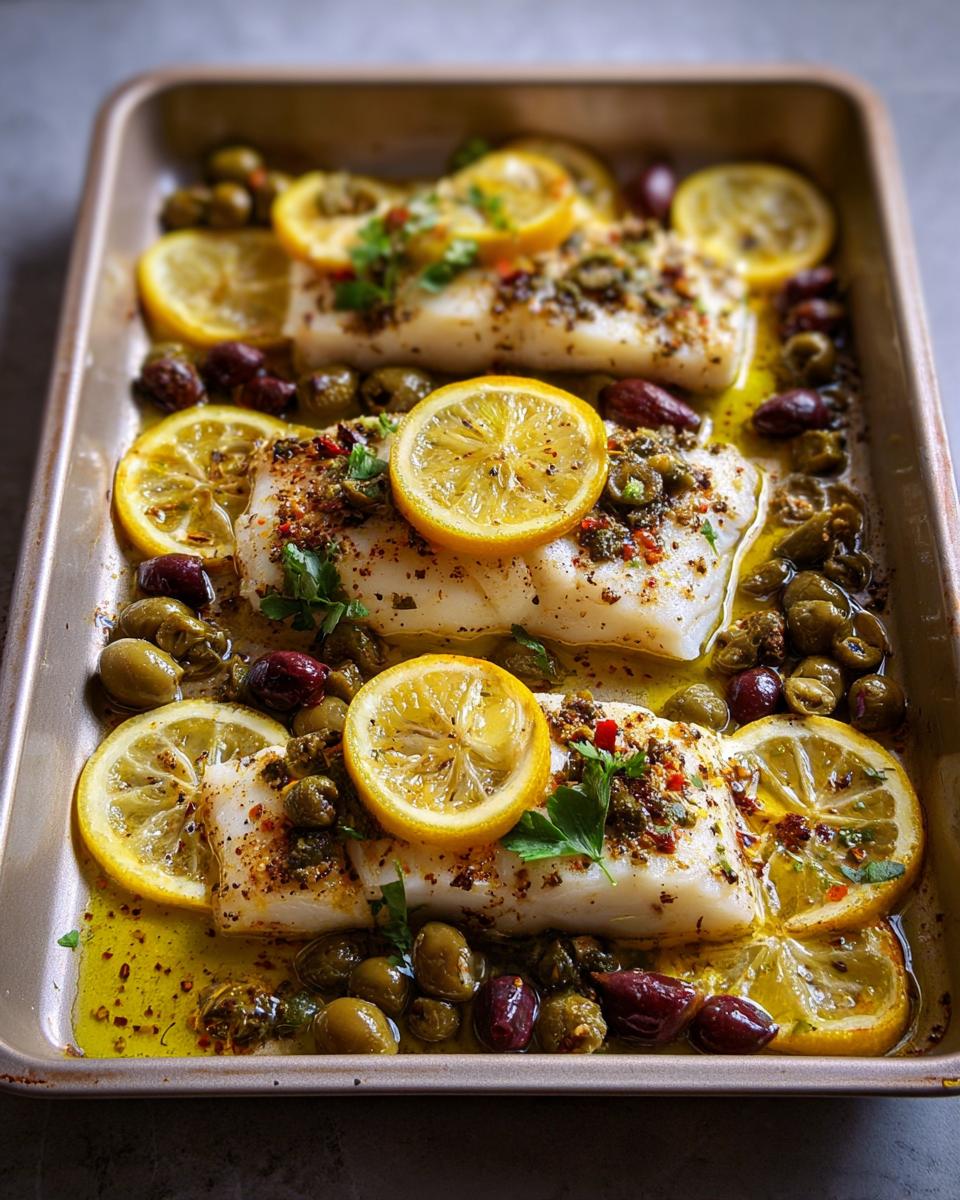 Three pieces of white fish baked in a sheet pan with lemon slices, olives, herbs, and spices.